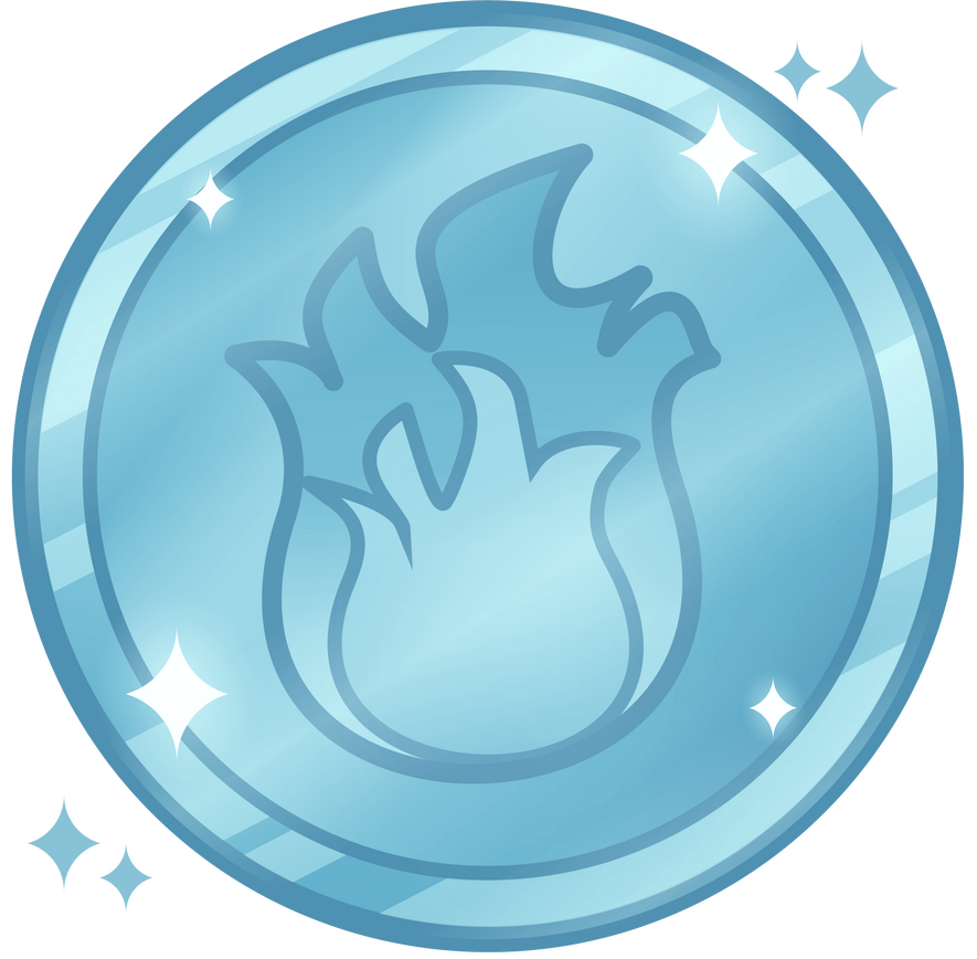 a blue coin with a blue fire symbol in the center